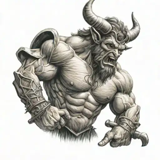 Minotaur with a hammer on his shoulders tattoo design idea