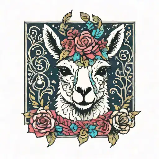 colorful llama with flower crown knitting a blanket tattoo design idea