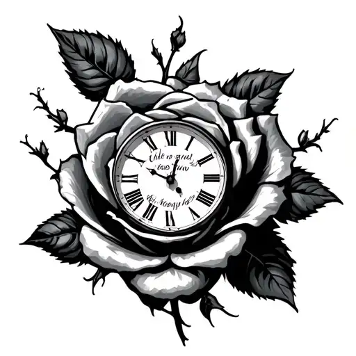 1/12/85 in Roman numerals clock melting into a rose with a Bible verse tattoo design idea