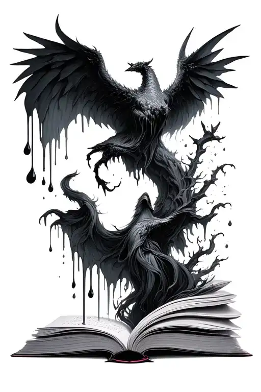 open book bleeding ink into various fantasy scenes tattoo design idea