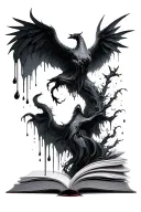 open book bleeding ink into various fantasy scenes tattoo design idea