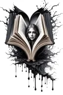 open book bleeding ink into various fantasy scenes tattoo design idea
