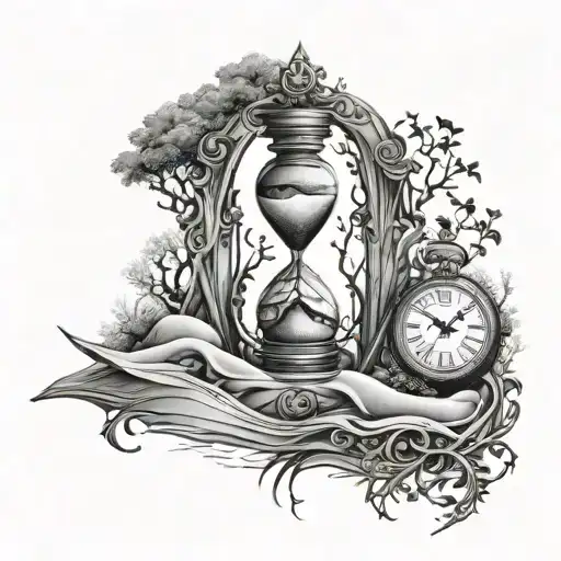 split hourglass, broken sand flowing a spiral staircase a compass hanging on the staircase a tree of life tattoo design idea