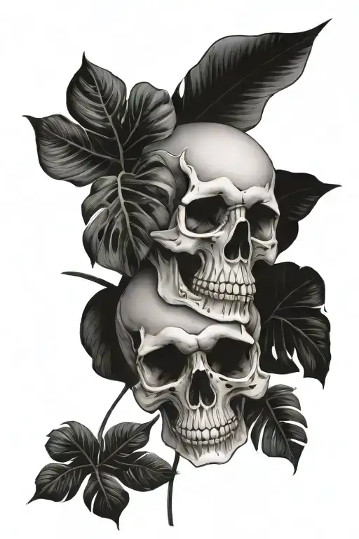 skull and monstera leafs clover tattoo design idea