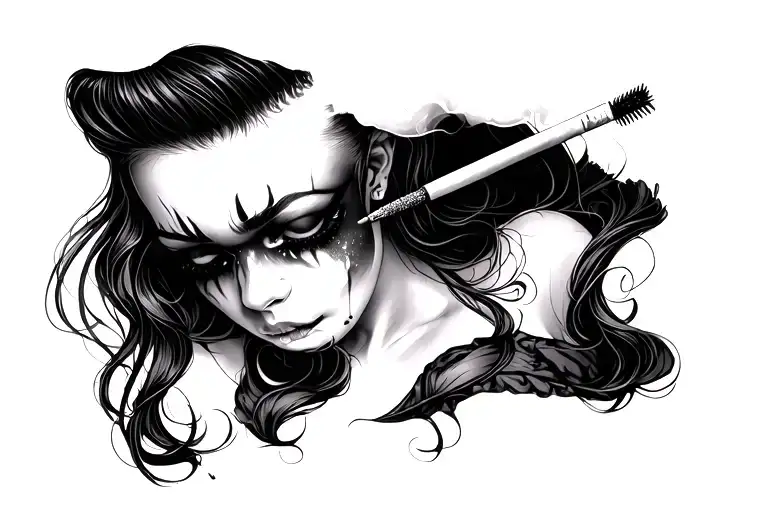 sexy, pale girl crying with mascara on.  wearing little to no clothing, smoking a cigarette tattoo design idea