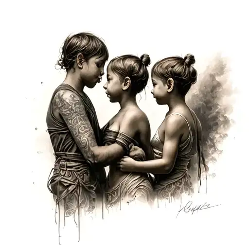 Mother with two sons protecting tattoo design idea