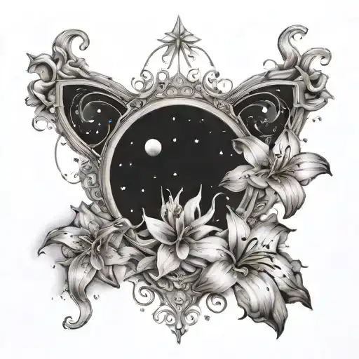 gemini constellation with a lily flower surrounded tattoo design idea