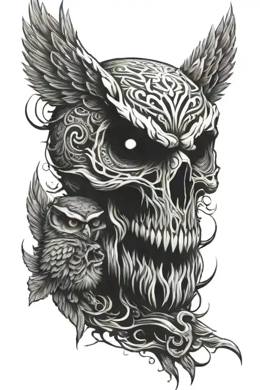 skull and angry owl tattoo design idea