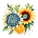 conca d'oro gladious & orange breeze dhalia & orange firecracker sunflower intertwined tattoo design idea