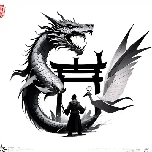 Koi transforming into a dragon below a tori gate with a lone traveler with a compass in his hands origami crane and cher tattoo design idea