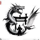 Koi transforming into a dragon below a tori gate with a lone traveler with a compass in his hands origami crane and cher tattoo design idea