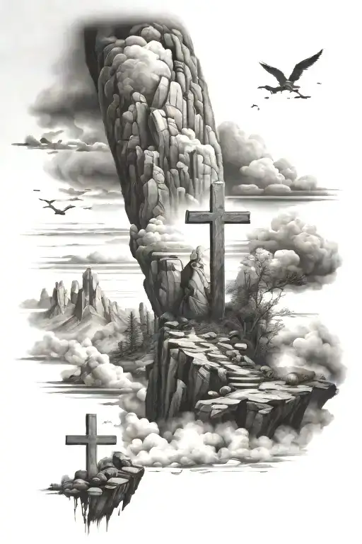 black and white full sleeve of big rock with three crosses fading into sunset and clouds with a space scene  tattoo design idea