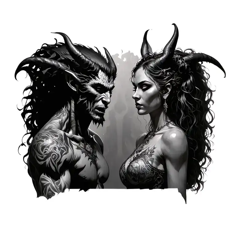 demon man with a demon woman tattoo design idea