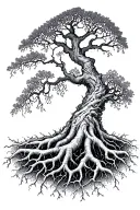 yggdrasil tree, long roots and branches tattoo design idea