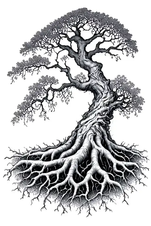 yggdrasil tree, long roots and branches tattoo design idea