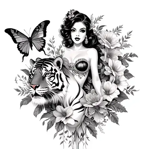 pinup girl in flowers with tiger and butterfly tattoo design idea