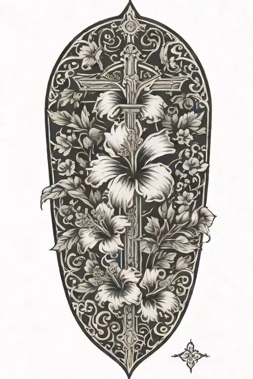 sleeve from wrist to elbow with hibiscus flowers and sakura flowers with cross surrounded tattoo design idea