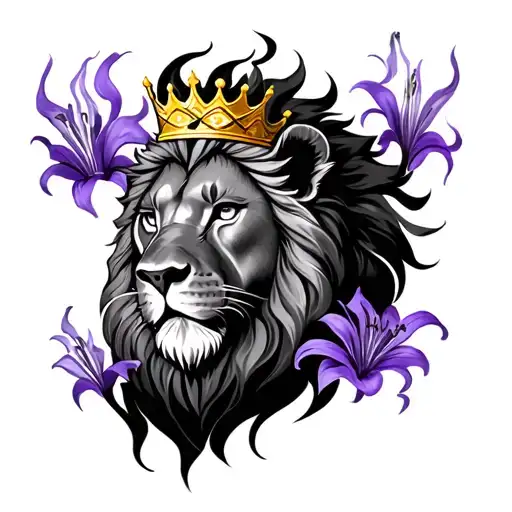 realistic lion with flames for the mane, wearing a gold crown, with purple lillies tattoo design idea