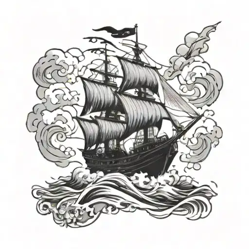 A fierce storm brewing over a pirate ship battling against the waves tattoo design idea