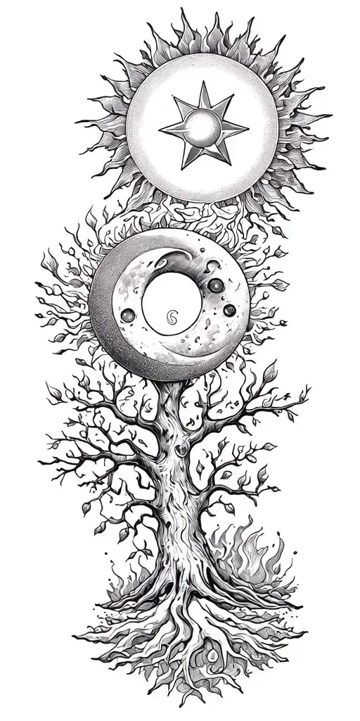 sun and moon,aquarius star, tree and fire tattoo design idea
