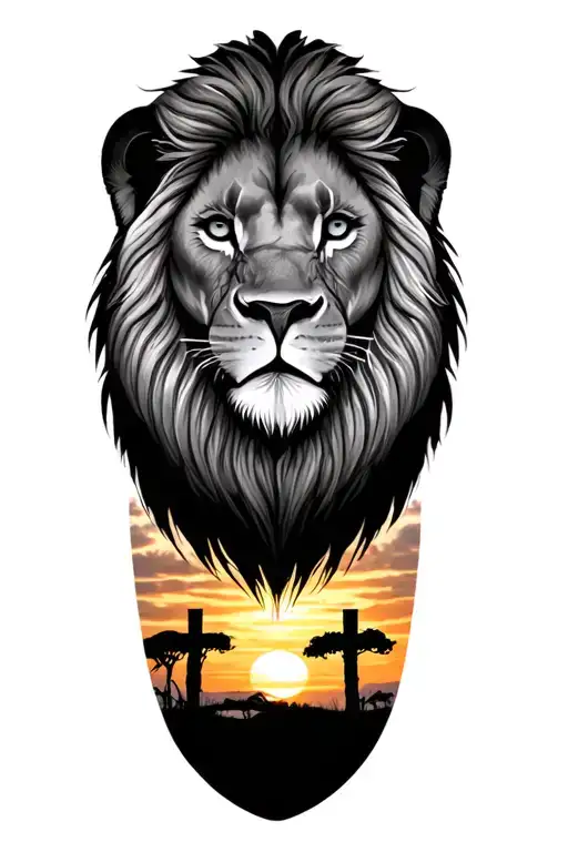 lion head tattoo, right arm, grey, Half sleeve, majestic on African savanna, sunset background, 3 subtle cross bottom  tattoo design idea