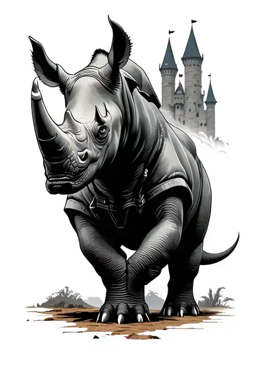 rhino standing strong in front of engineer castle  tattoo design idea
