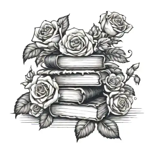 stack of books surrounded by roses and fantasy  tattoo design idea