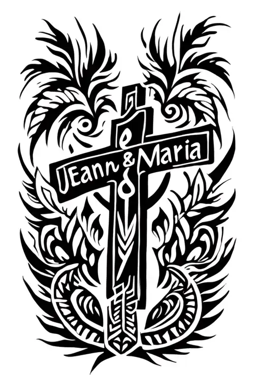 Make me a tattoo with a Christian cross with the names Jean and Maria surrounded by tattoo of the Samoa Islands tattoo design idea
