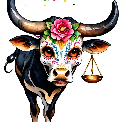 feminine bull with sugar skull markings, brown eyes and two Libra scales and dark background tattoo design idea