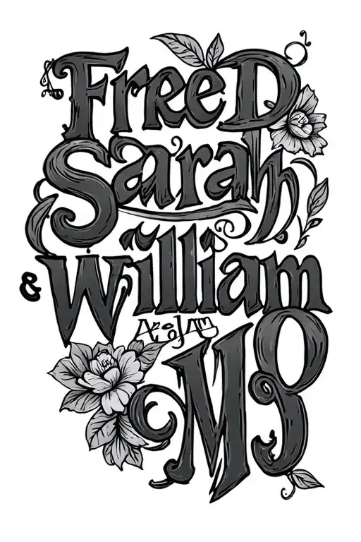 "Fred, Sarah, William & MJ" childrens names tattoo design idea