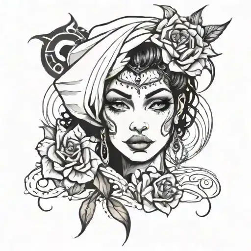 dark women face tattoo design idea