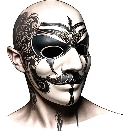 male venetian full face mask, dark, haunting, mysterious tattoo design idea