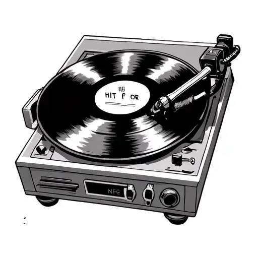 "NFG" record player with hit or miss written on the record tattoo design idea