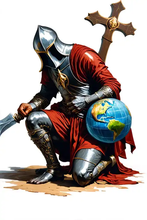 crusader kneeling giving world with crusafix behind him tattoo design idea