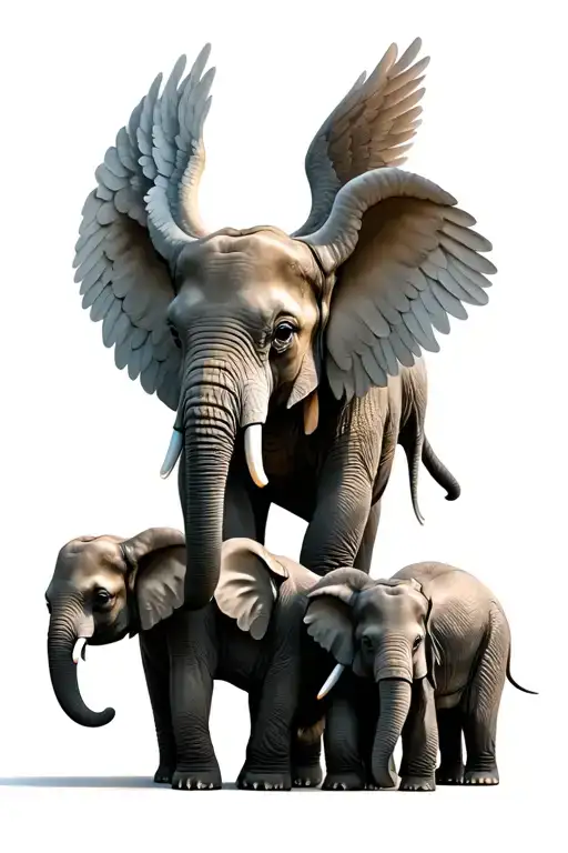 realistic elephants mom and four babies, one of the babies with angel wings tattoo design idea