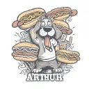 the name Arthur written surrounded by cartoon hot dogs tattoo design idea