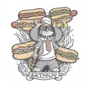 the name Arthur written surrounded by cartoon hot dogs tattoo design idea