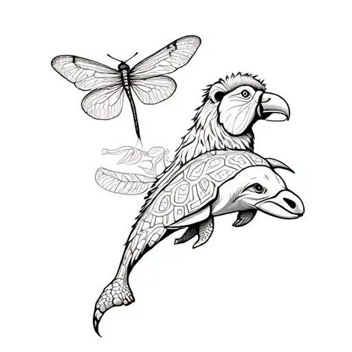 Macaw, lion, elephant, giraffe, dragonfly, toucan, butterfly, monkey, turtle, dolphin tattoo design idea
