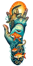 Underwater theme. Orange sunset, sunrays on Turtle, shark, octopus and seasfloor on the hand and wrist, fish for filler  tattoo design idea