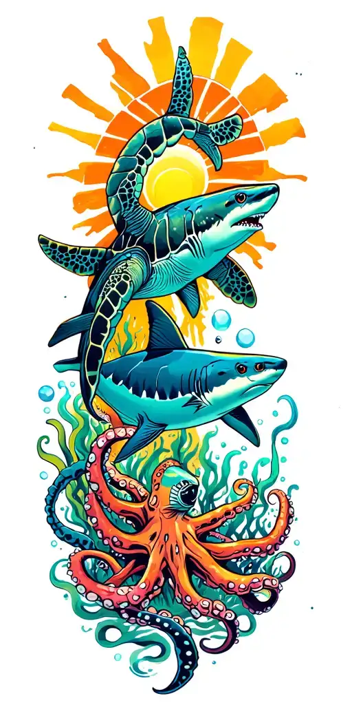 Underwater theme. Orange sunset, sunrays on Turtle, shark, octopus and seasfloor on the hand and wrist, fish for filler  tattoo design idea