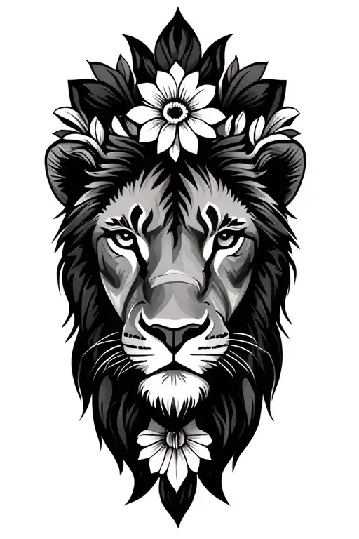 small lions face with flowers and mandala design incorporating tattoo design idea