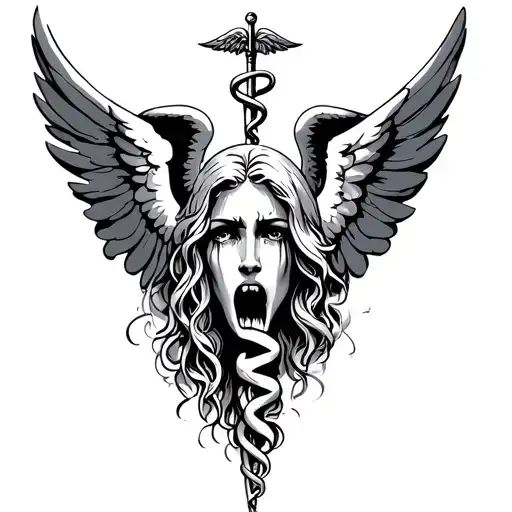 crying angel and caduceus symbol combined together tattoo design idea