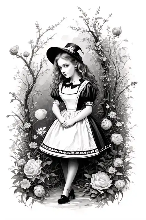 dark alice in wonderland scene tattoo design idea