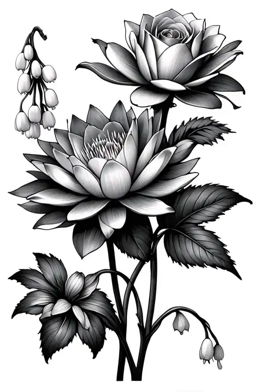 water lily, rose, aster. primrose, lily of the valley  tattoo design idea