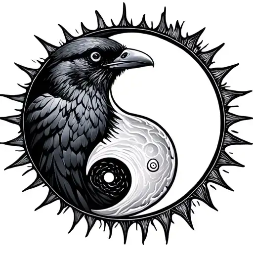 Crow, yin yang symbol, sun moon tattoo design idea