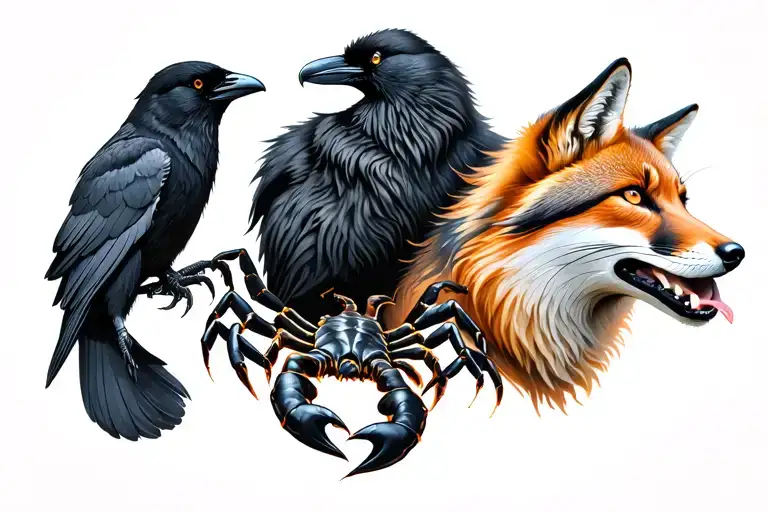 scorpion and crow and wolf and fox tattoo design idea