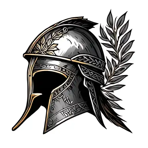 orearm tattoo in black and grey. Left: worn Roman helmet and SPQR shield with laurel. Right: Celtic helmet, runes,  tattoo design idea