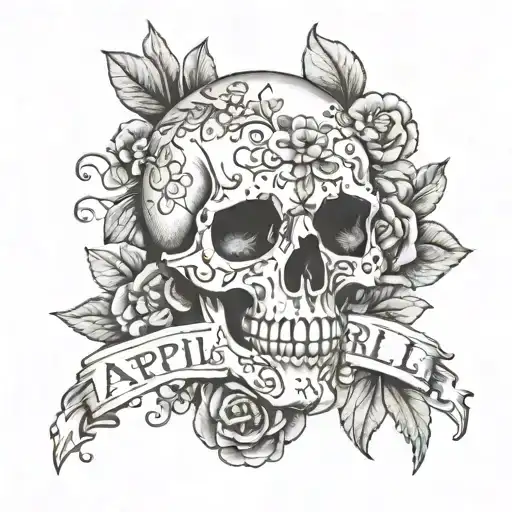 April in cursive with small skull candy and assorted flowering including Orchards tattoo design idea