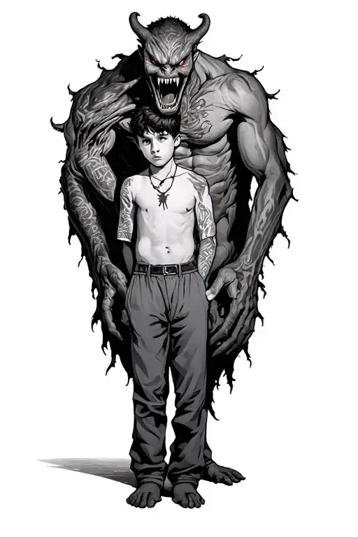 A Boy Standing in clothes With a giant Scary Demon Wrapped Around His body tattoo design idea