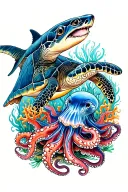 turtle eating jellyfish, hammerhead shark swimming, blue ring octopus crawling, bright coral reef tattoo design idea